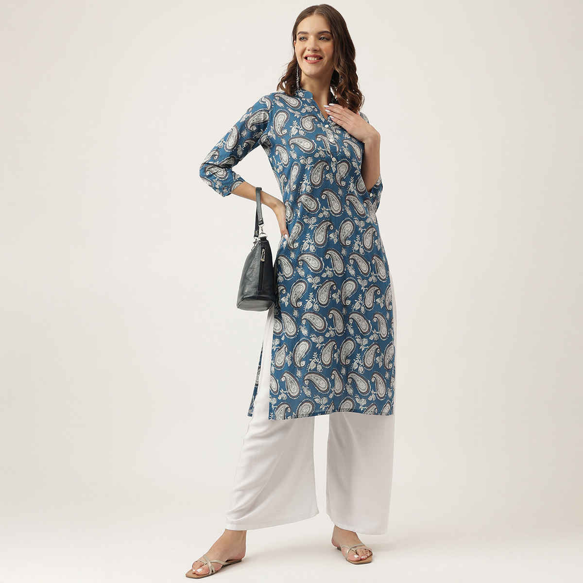 Divena Women's Print Straight Fit Cotton Kurta | DK0940 5 | Blue - M