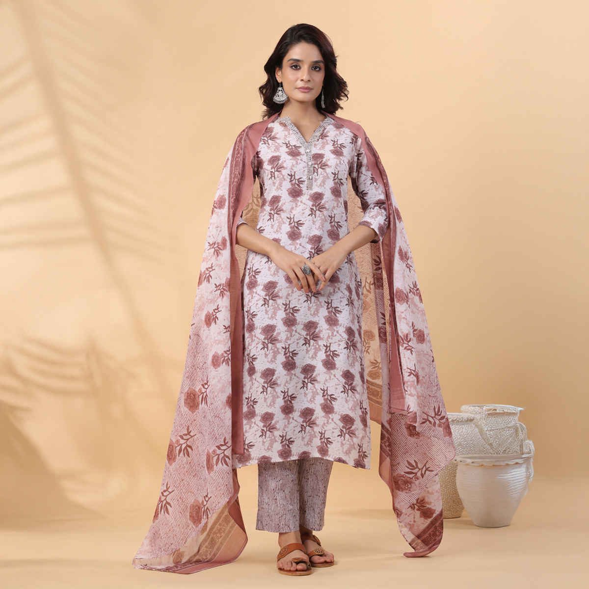 Janasya Women's Cotton Blend Floral Printed Straight Kurta Set | White - S