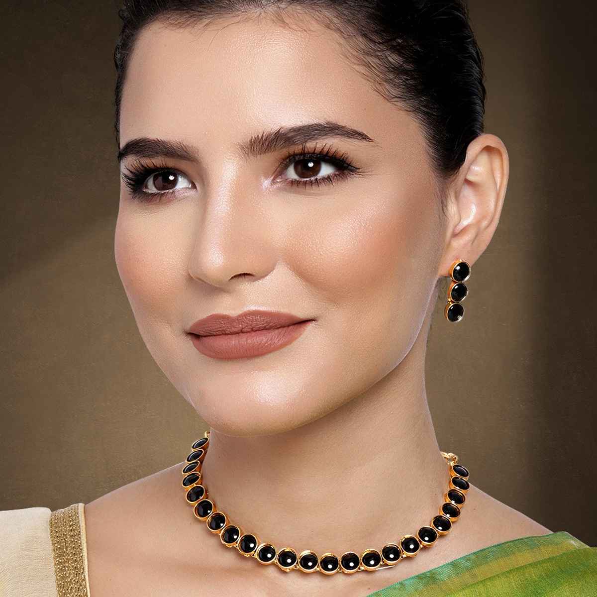Peora Gold Plated Black Choker Necklace with Drop Earrings Traditional Jewellery Set for Women
