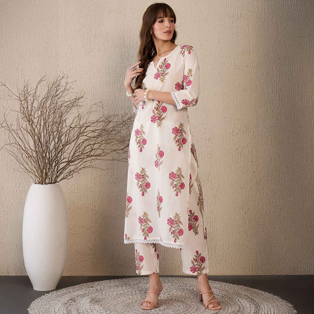 INDO ERA Women's Printed Straight Kurta Pant Set | KS0WH10041 | White - XL