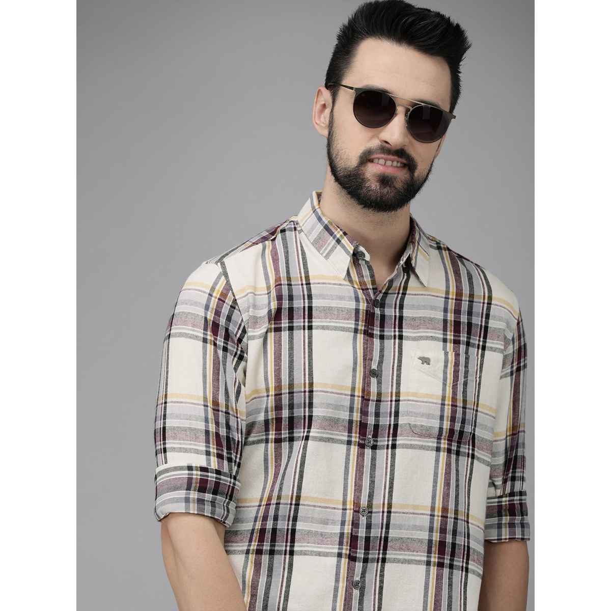 The Bear House Men Slim Fit Checked Flannel Cotton Casual Shirt - Fresia | White and Purple | XL
