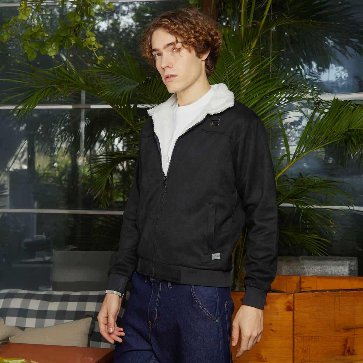 Campus Sutra Men's Fleece-Lined Bomber Jacket | Raven Black & Chalk White - M