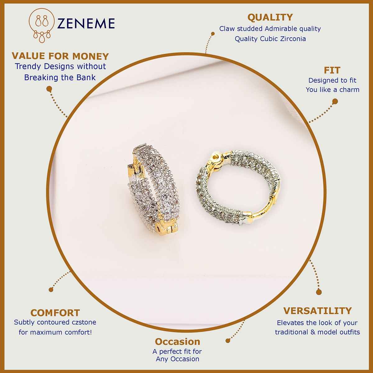 Zeneme White & Gold-Toned Teardrop Shaped Studs Earrings For Women & Girls