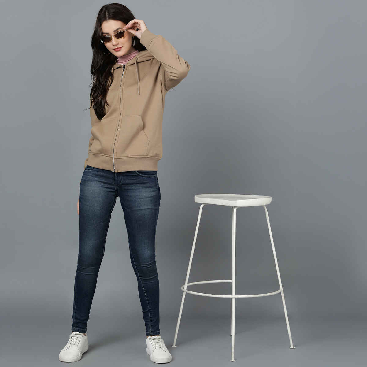 Alan Jones Clothing Women's Solid Zipper Hooded Sweatshirt | Tan - S