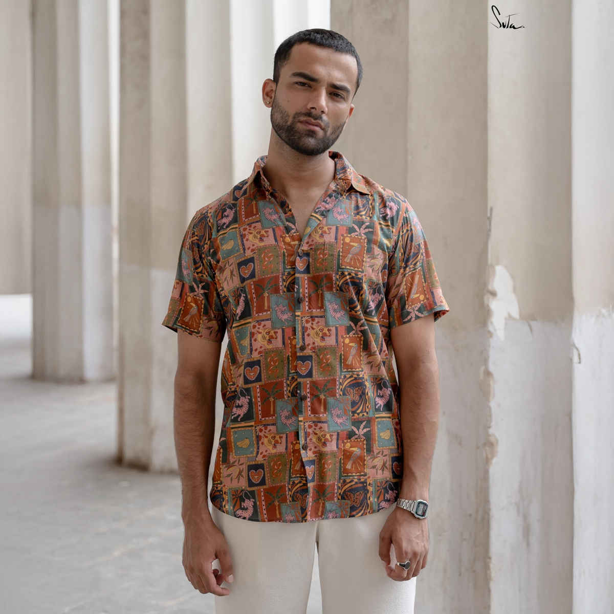 Suta Men's Cotton Shirt | Multicolour - L