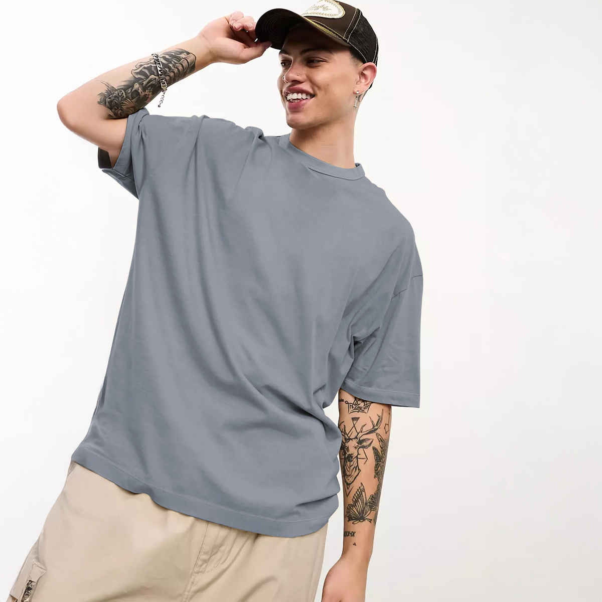 Chkokko Oversized Solid Round Neck Tshirts for Men Slate Grey M