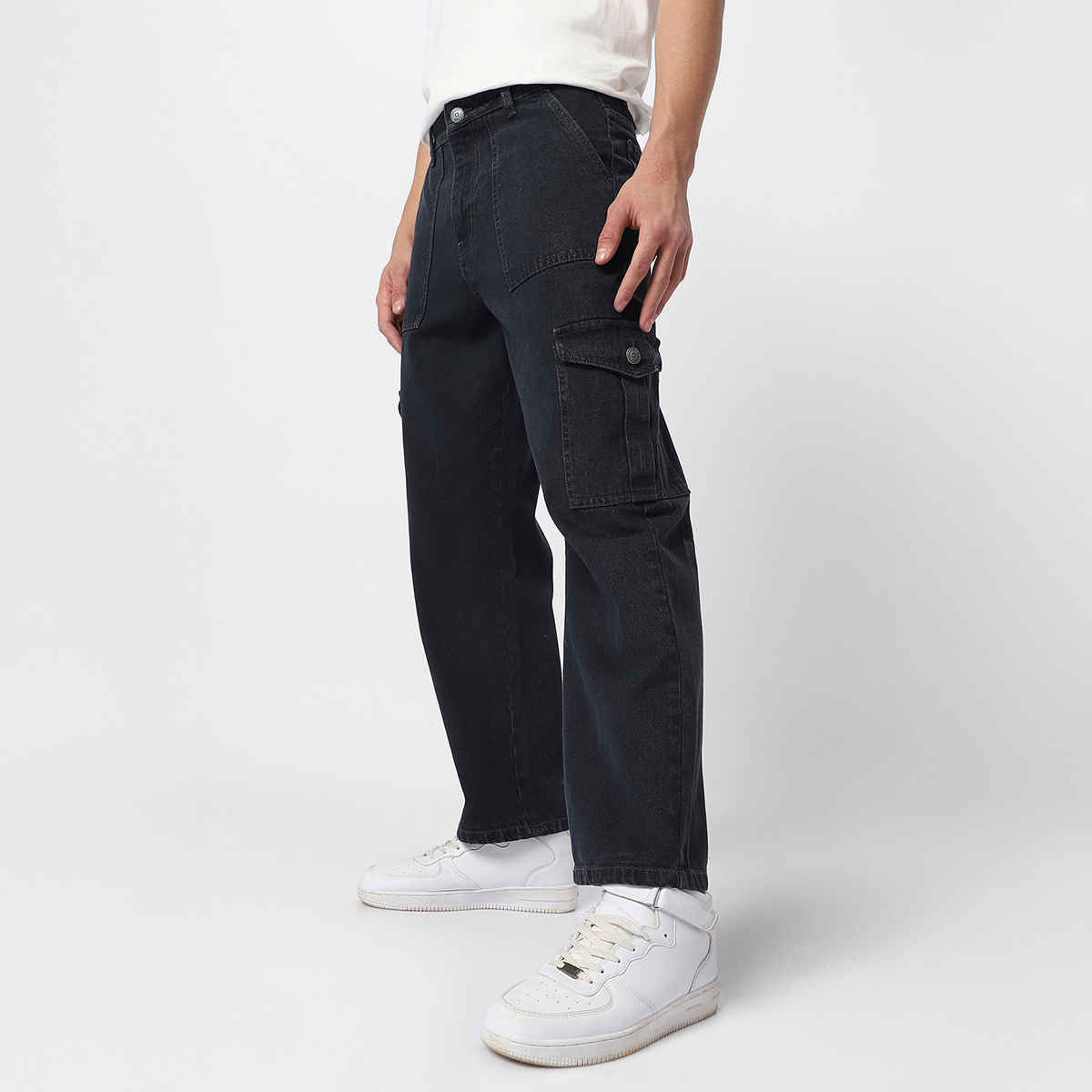 Urbano Fashion Men Dark Grey Loose Baggy Fit Cargo Jeans With 6 Pockets Non-Stretchable-32
