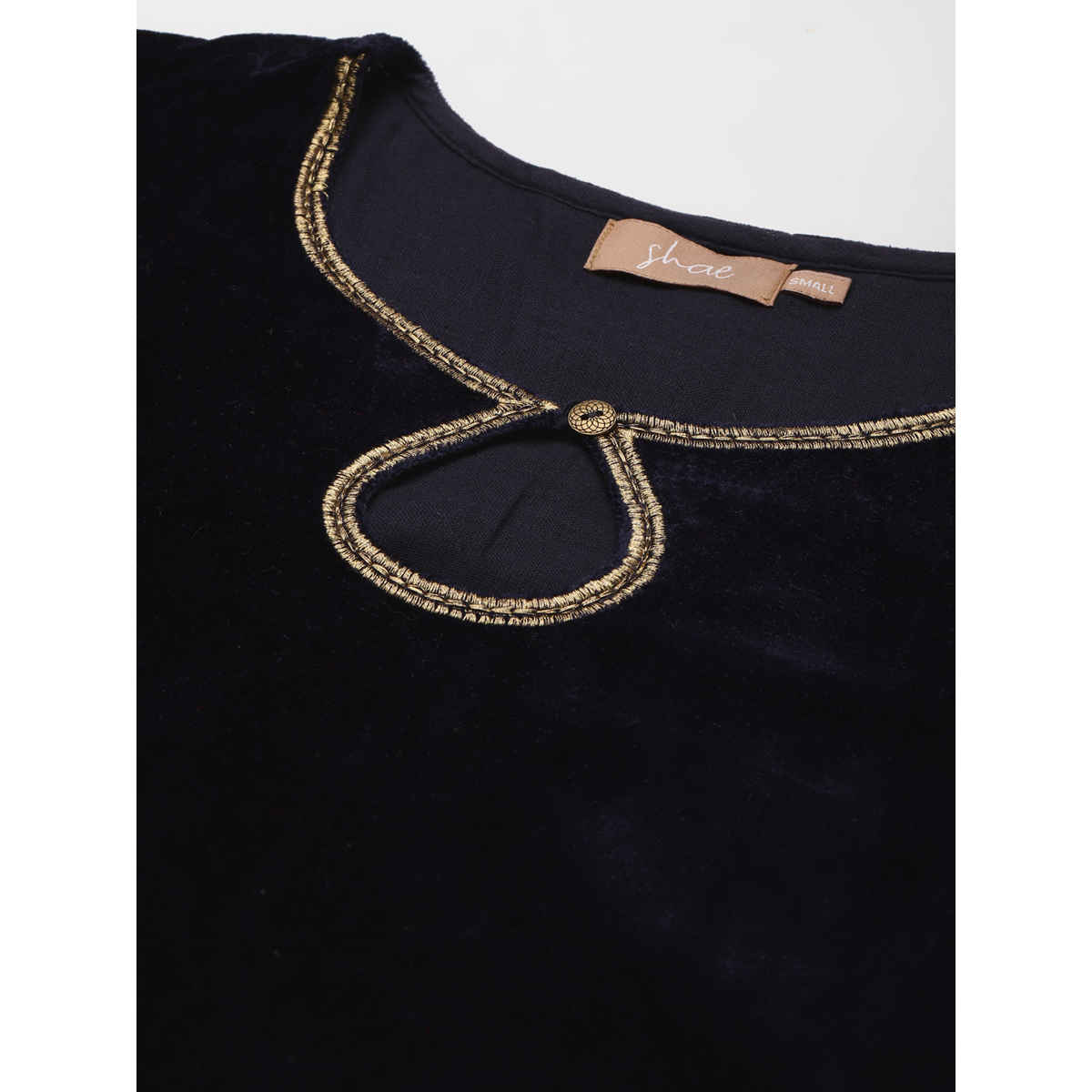 Shae by SASSAFRAS Women's Velvet Hem Zari Embroidered Kurta | Navy Blue - L