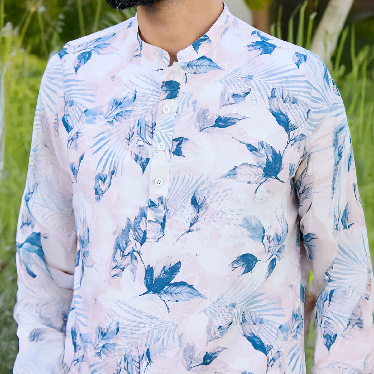 See Designs Men's Tropical Printed Rayon Short Kurta | Blue-White - S