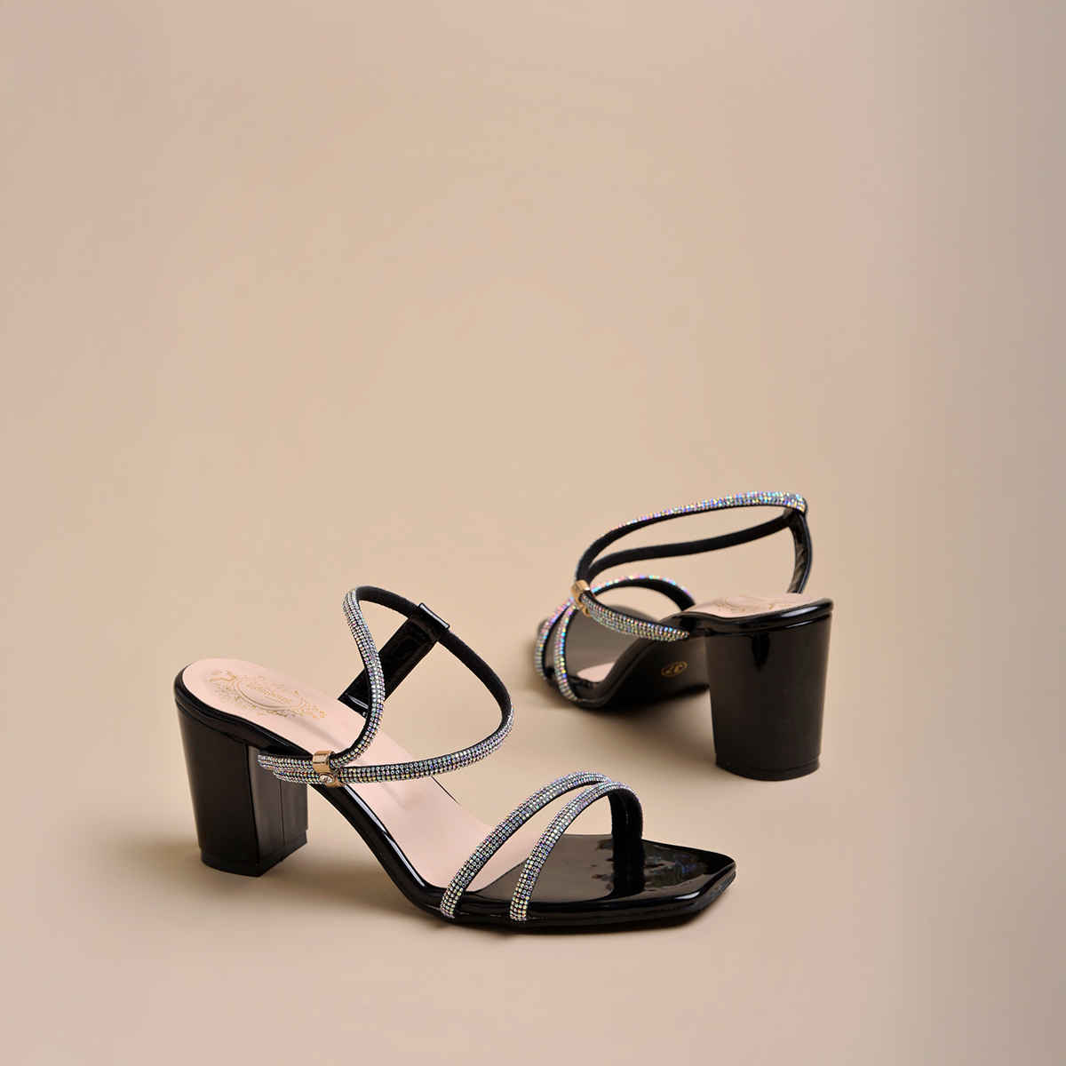 Shoetopia Women's Embellished Rhinestones Strap Heels | Heel-1246 | Black - UK 4