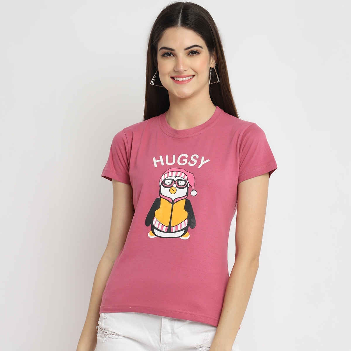 Fabflee Women Regular Cotton Printed Round Neck Tshirt | Pink | FAB-WT-35 | L