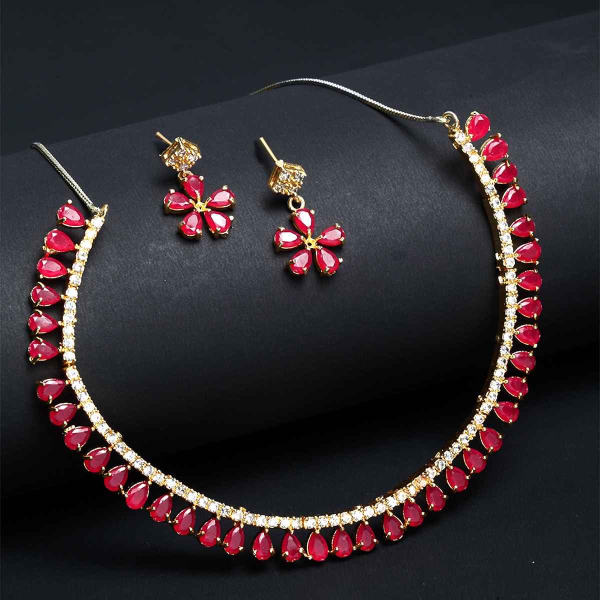 Zeneme Gold-Plated Red American Diamond Studded Necklace With Earring Set For Women & Girls