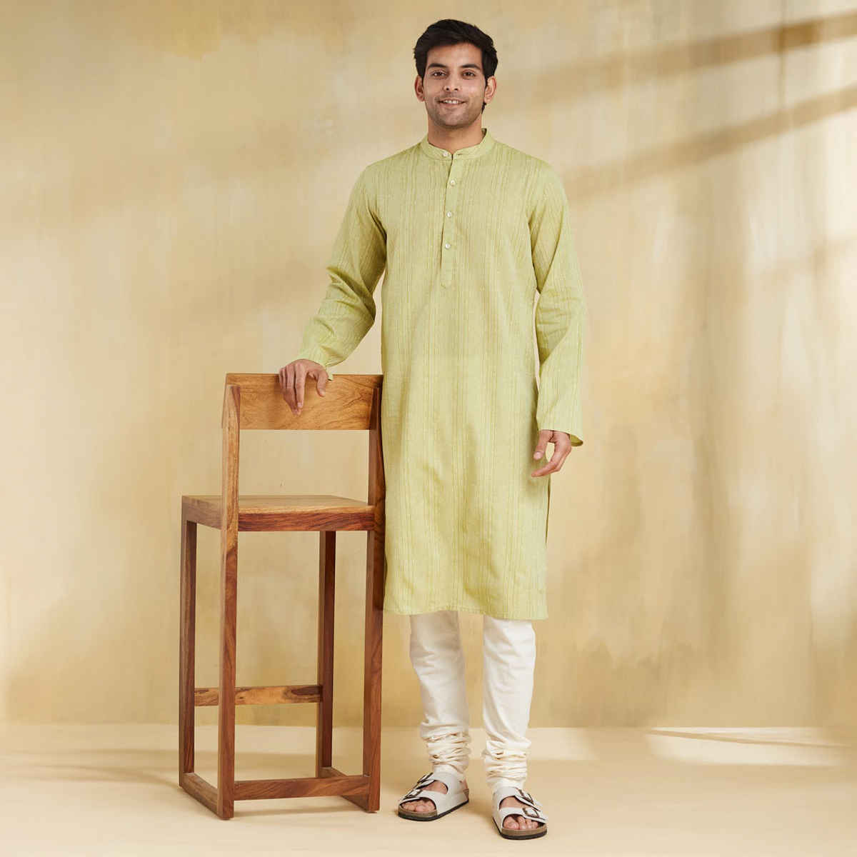 Fabindia Men's Cotton Blend Slim Fit Kurta | Green - M