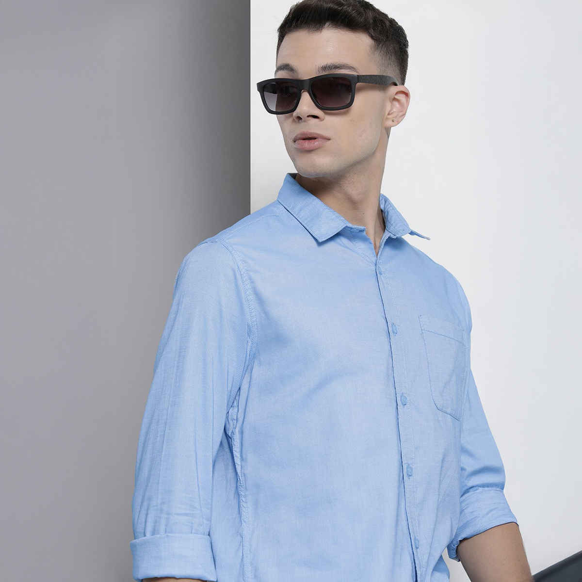 The Indian Garage Co Men's Regular Fit Solid Formal Shirts | Blue - L