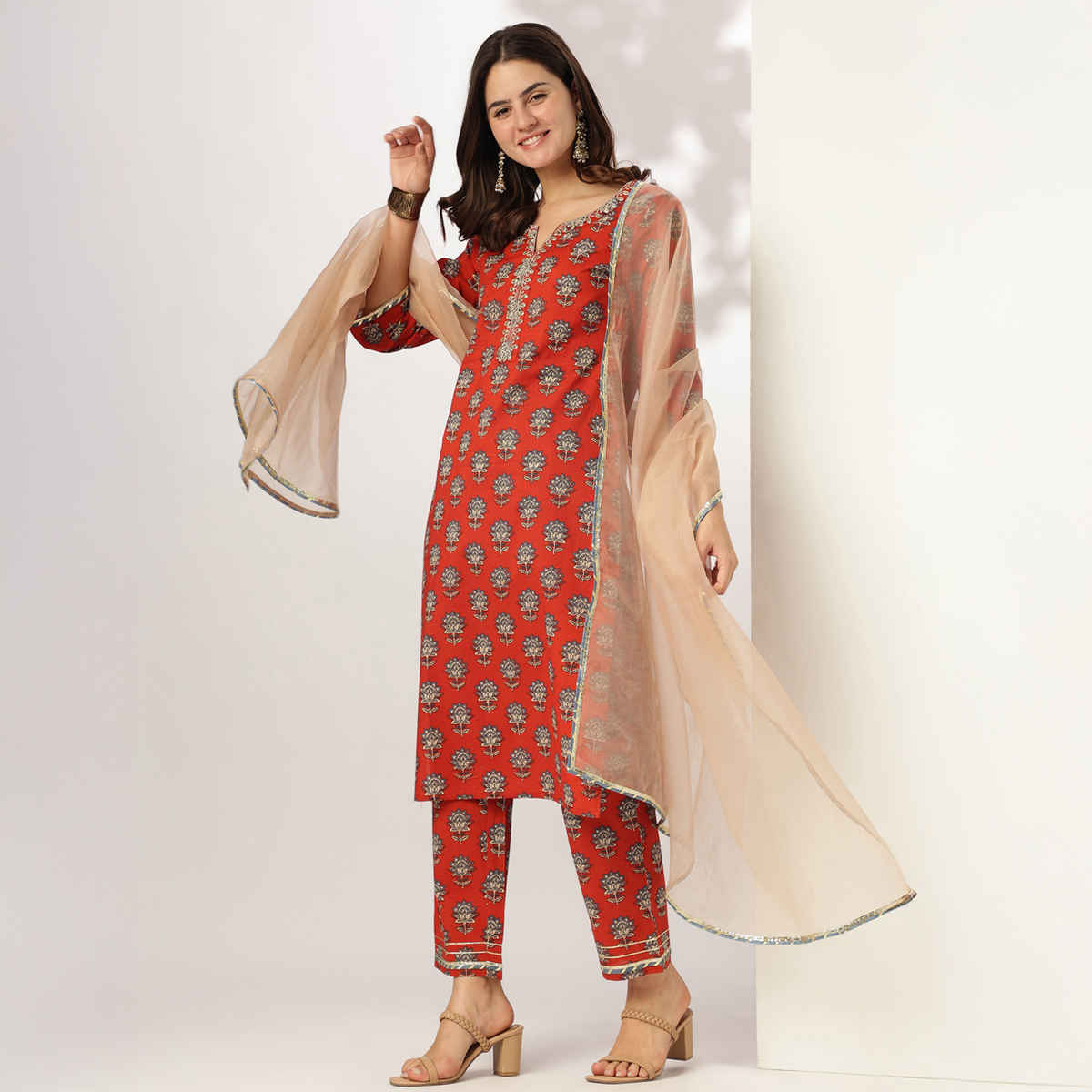 Janasya Women's Pure Cotton Floral Printed Yoke Embroidered Straight Kurta Set | Red - L