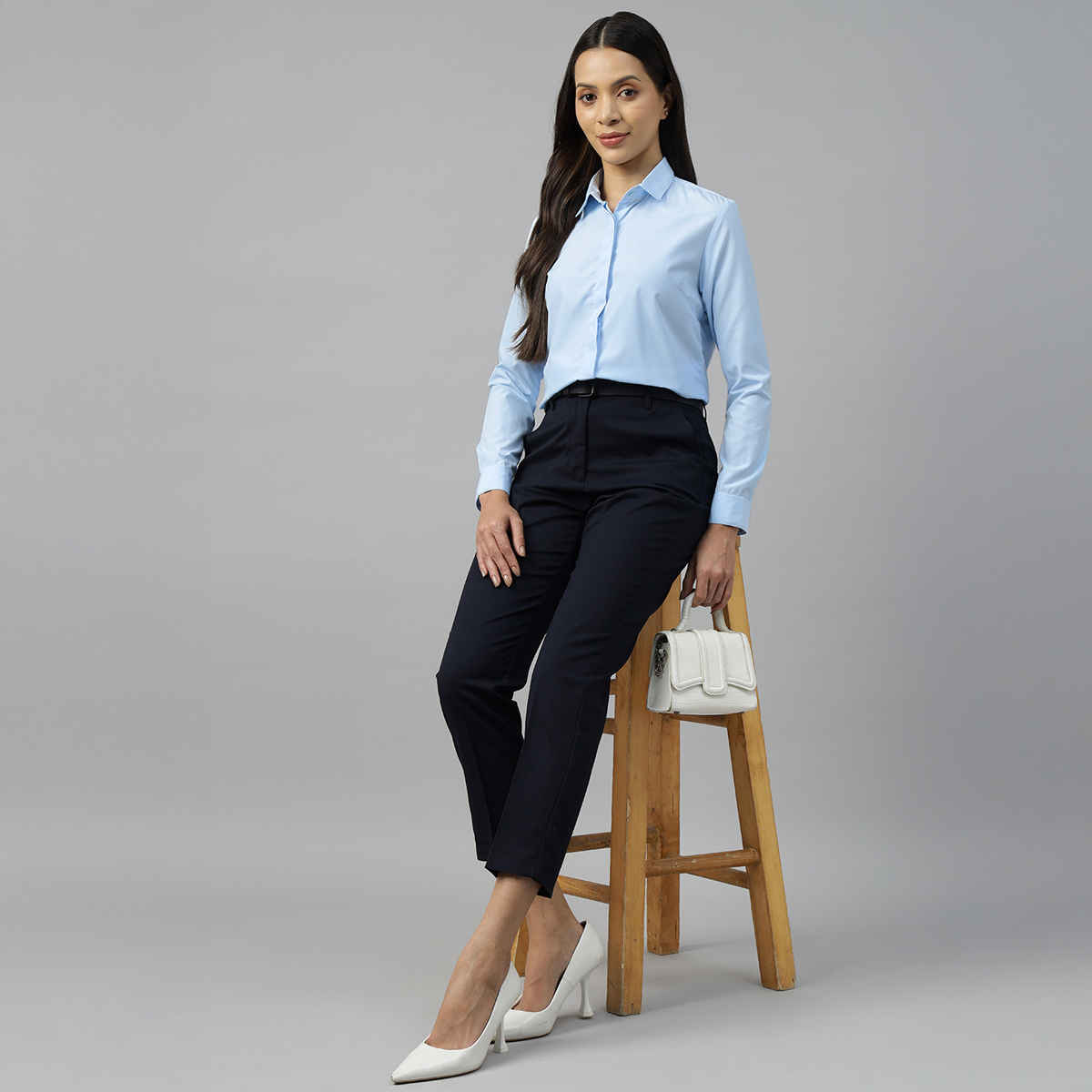 English Navy Women's Solid Regular Fit Polyester Formal Shirt | Sky Blue - L