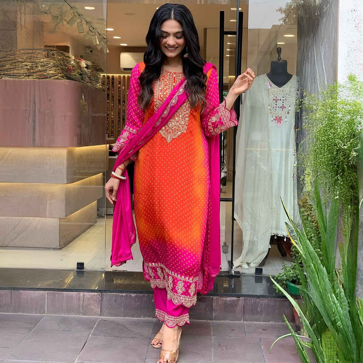 GoSriKi Women's Rayon Blend Straight Embroidered Kurta with Pant & Dupatta | LASIVAN | Pink - XL