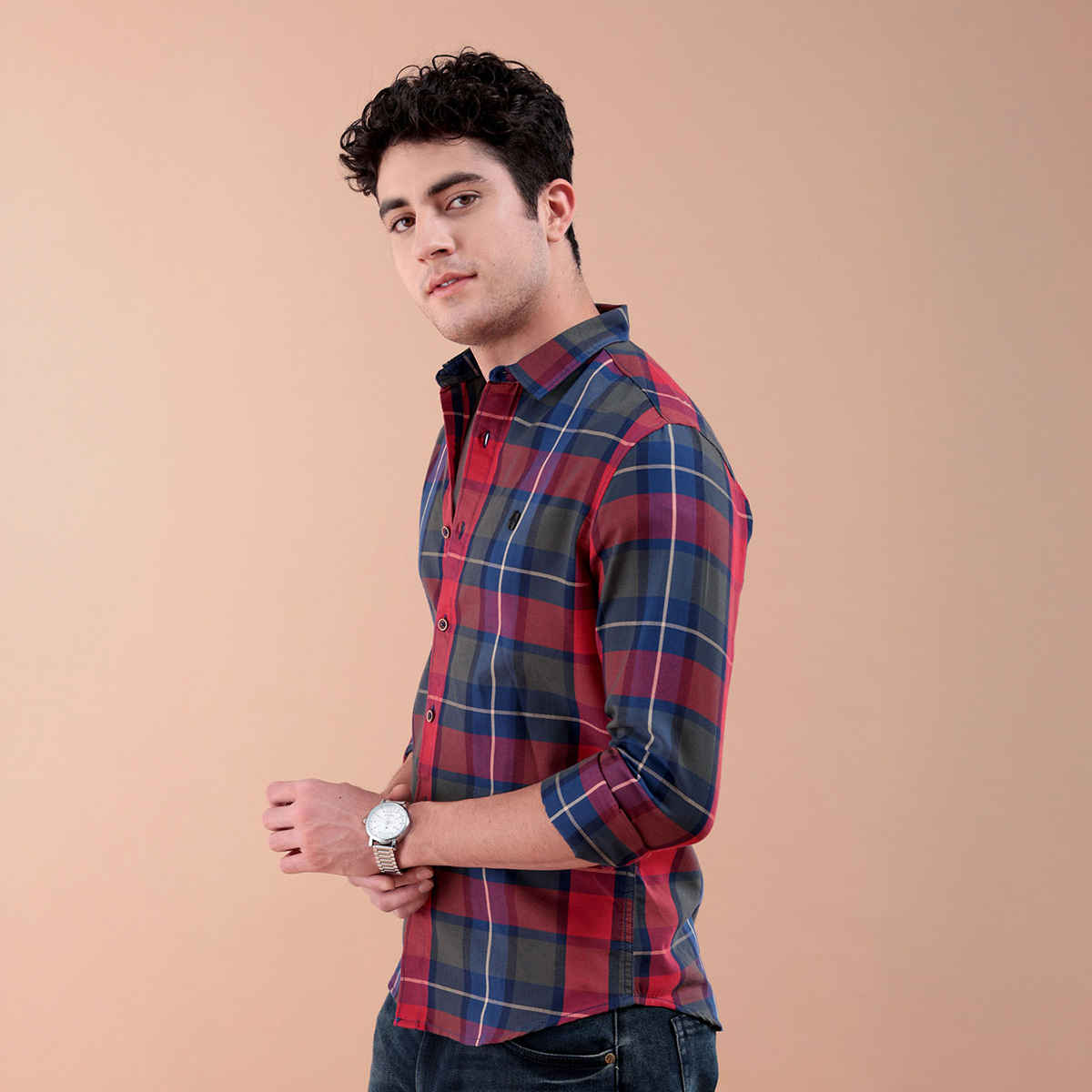 The Indian Garage Co Men's Regular Fit Checked Casual Shirt | Red - XL