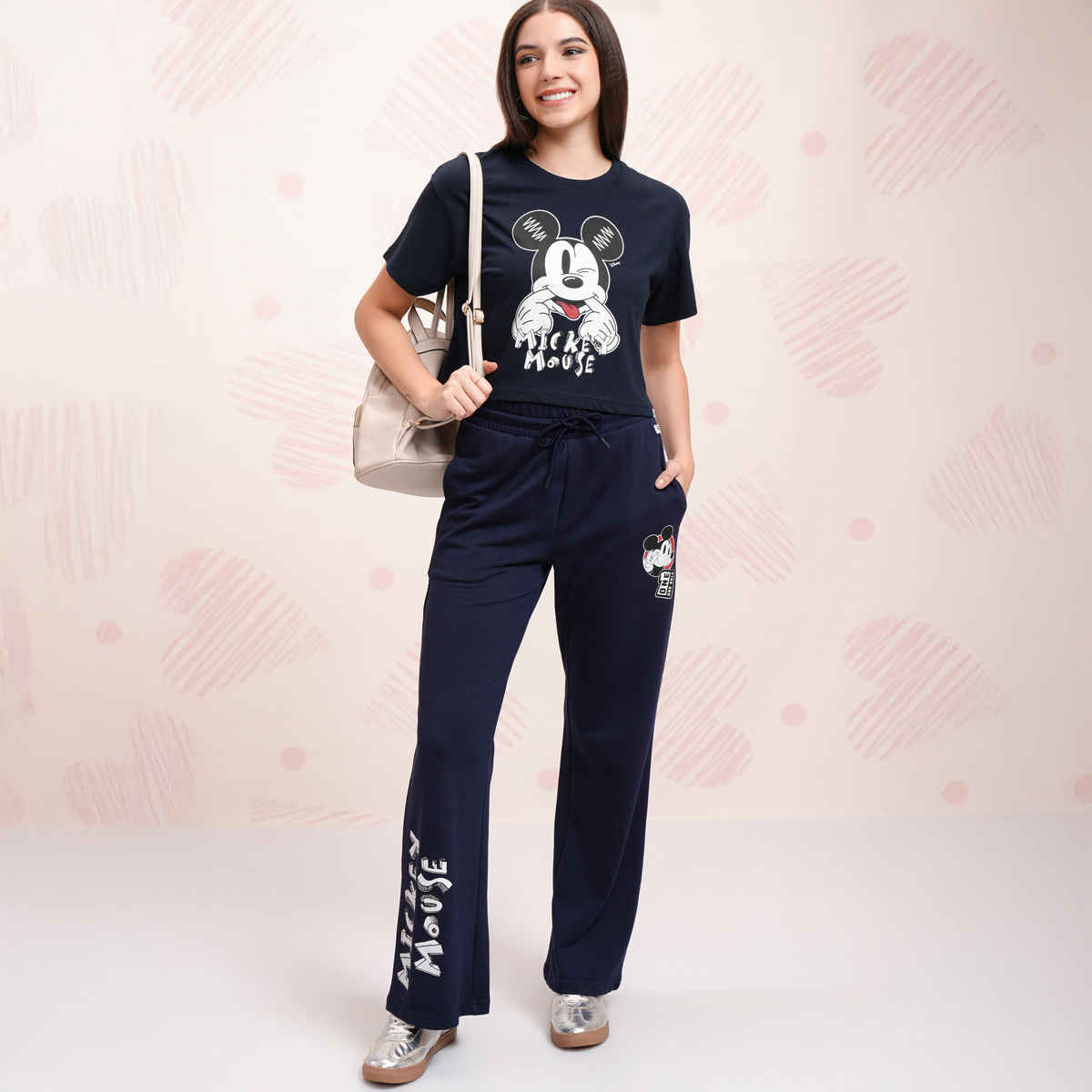 Tokyo Talkies Women's Disney Mickey Mouse Printed T-shirt with Trouser Sleepwear Set | Blue - L