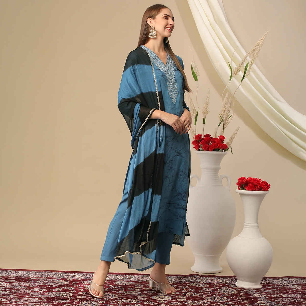 GoSriKi Women's Viscose Rayon Straight Printed Kurta with Pant & Dupatta | Blue - XL