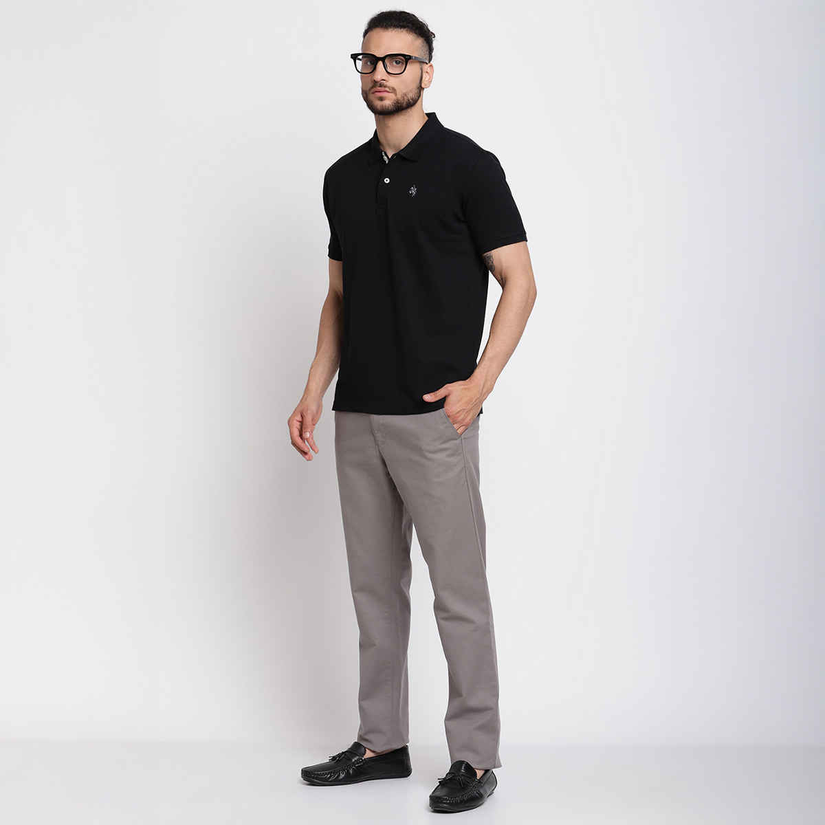 Cantabil Men's Solid Polo Neck Casual T-shirt | Black - L