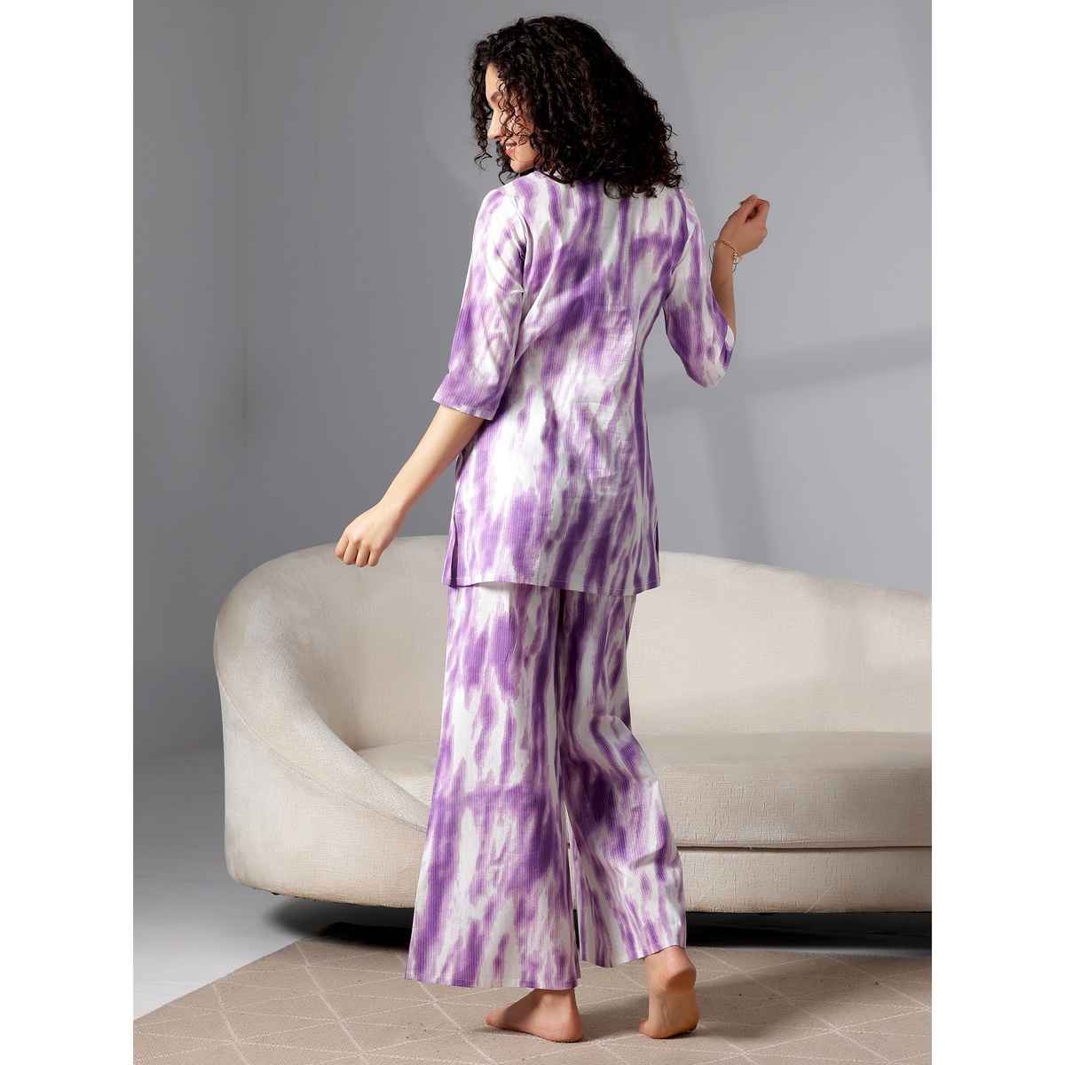 Libas Abstract Printed Women's Kurti With Printed Pyjamas | Purple White | L