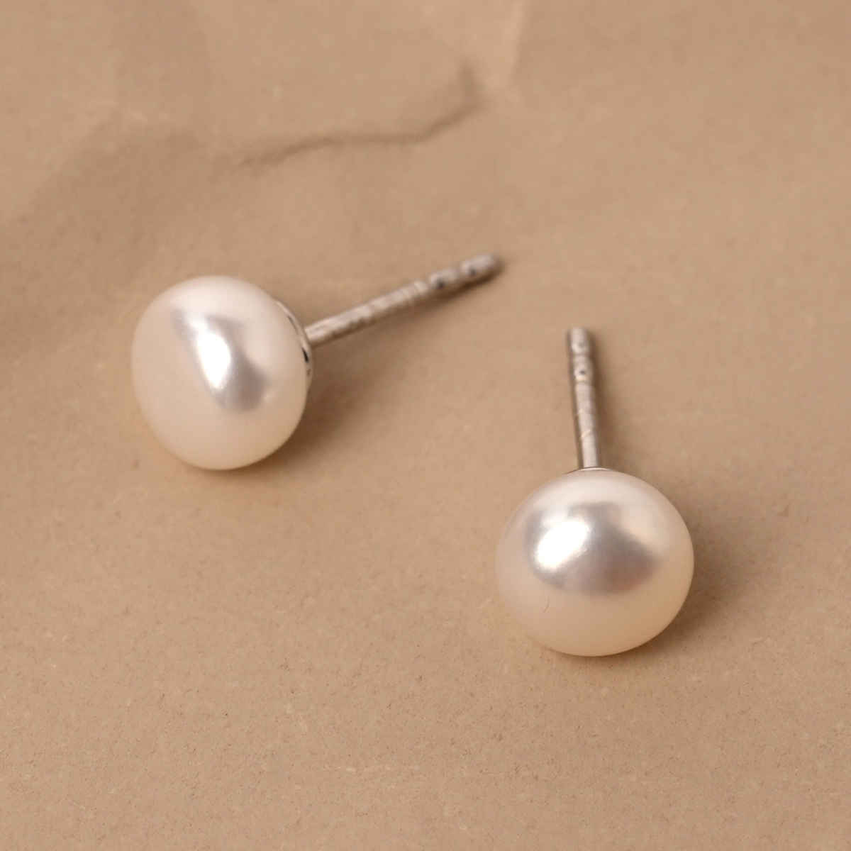 Clara 925 Pure Sterling Silver Real White Pearl 7 mm Studs Earrings | Rhodium Plated