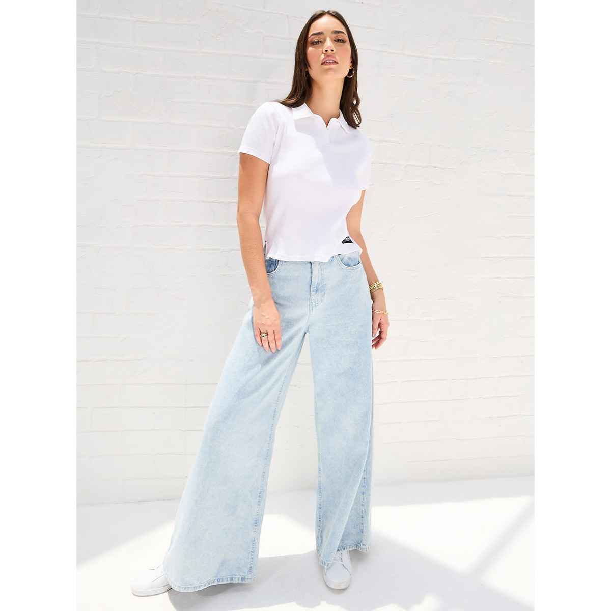 Styli Women's Ribbed Polo Crop T-shirt with Side Slit | White - XXL