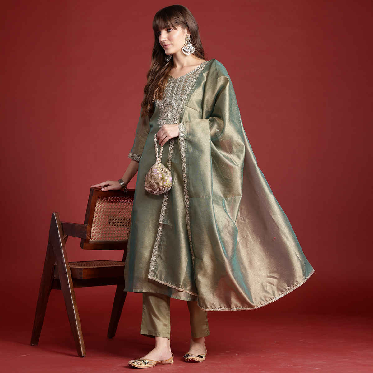 INDO ERA Women's Embroidered Straight Kurta Trousers with Dupatta Set | Green - L