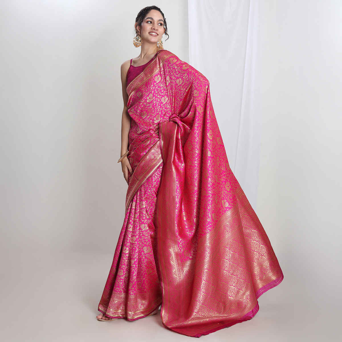 Janasya Women's Silk Blend Floral Woven Design Jacquard Saree with Blouse Piece | SAR654 | Pink