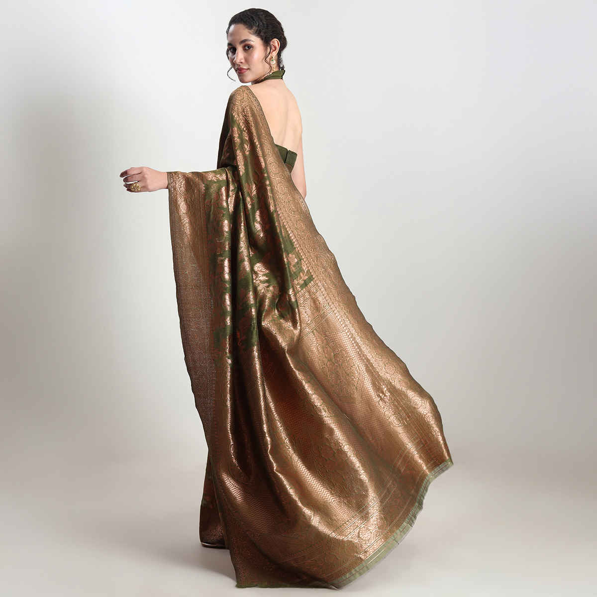 Janasya Women's Silk Blend Floral Woven Design Jacquard Saree with Blouse Piece | SAR609 | Green