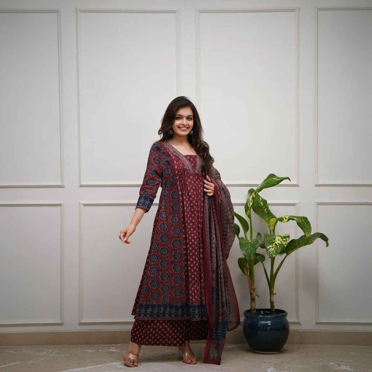 GoSriKi Women's Viscose Rayon Anarkali Printed Kurta with Pant & Dupatta | NAKULA | Wine - M