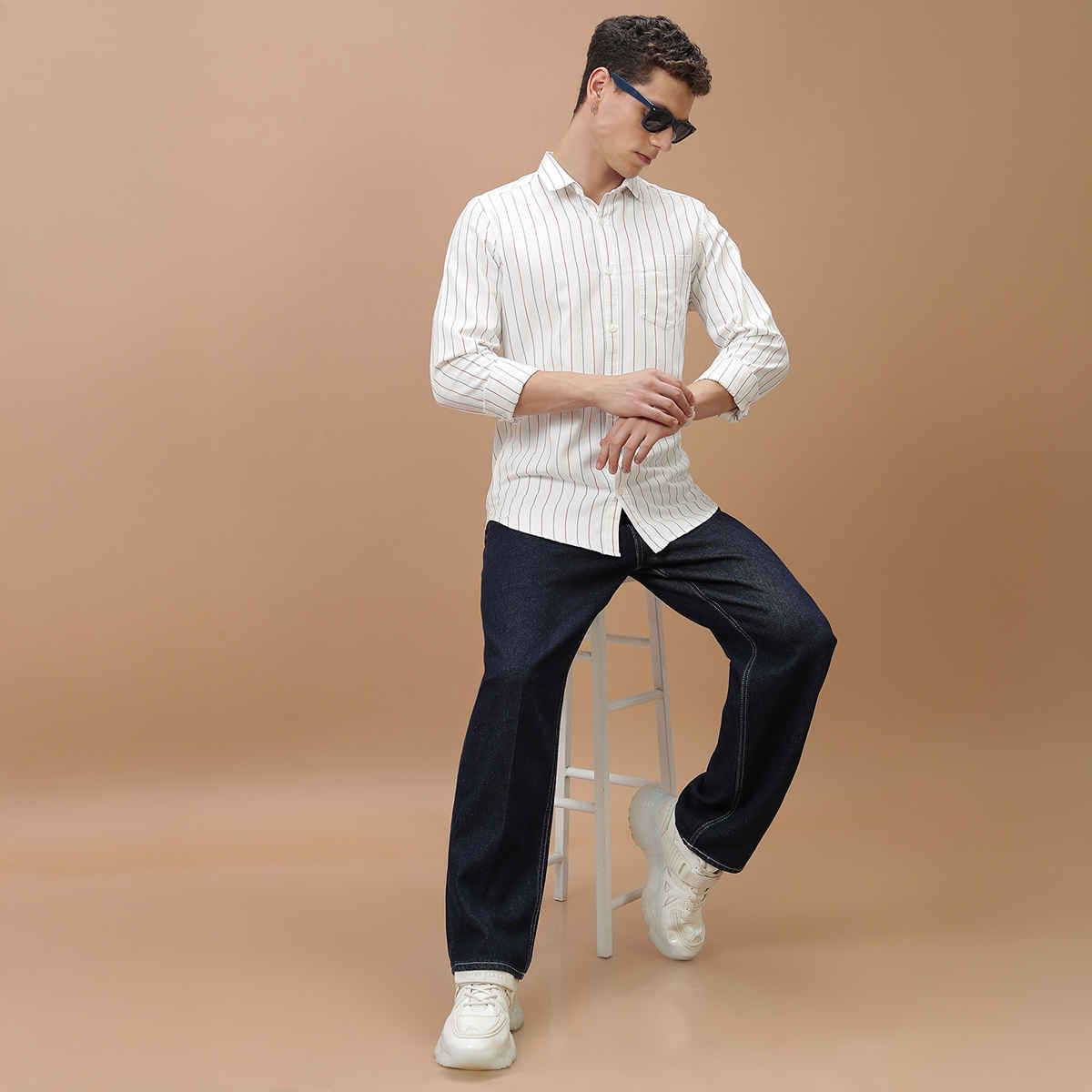 HIGHLANDER Men's Striped Slim Fit Opaque Cotton Casual Shirt | White, Blue and Red - L