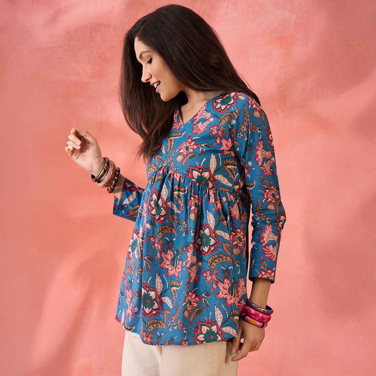 Bandia Women's Floral Printed Top | Blue - L