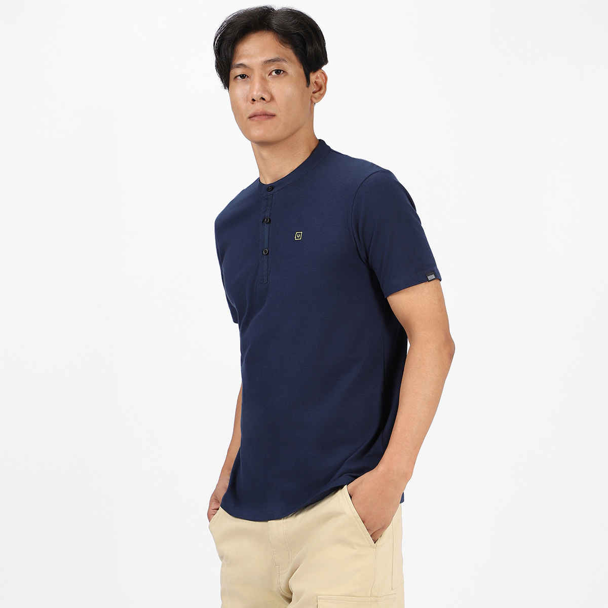Urbano Fashion Men's Slim Fit Solid Mandarin Collar Cotton T-Shirt | Navy Blue - M