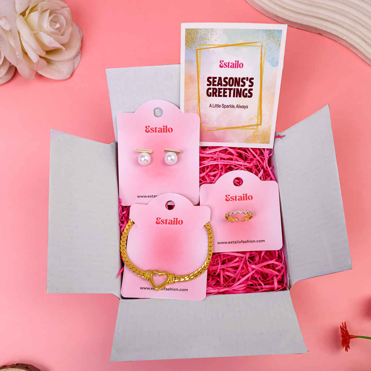 Estailo Fashion Set: Pearl Bar Earrings, Verve Gold Ring, Chunky Heart Bracelet | GHE3839R1662B1688