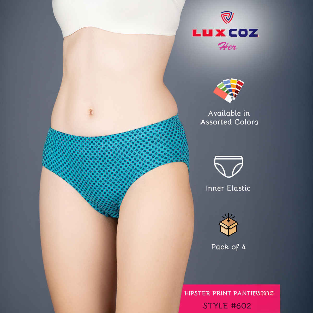Lux Cozi Her Pure Cotton Hipster Printed Panty | Multicolor | Size-95 | Pack Of 4