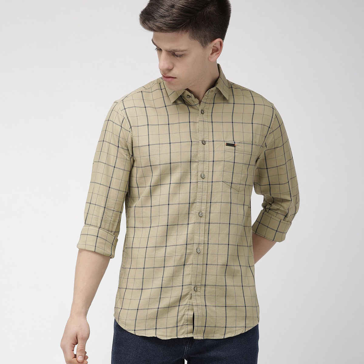 The Indian Garage Co Men's Slim Fit Checkered Casual Shirt | Khaki - S