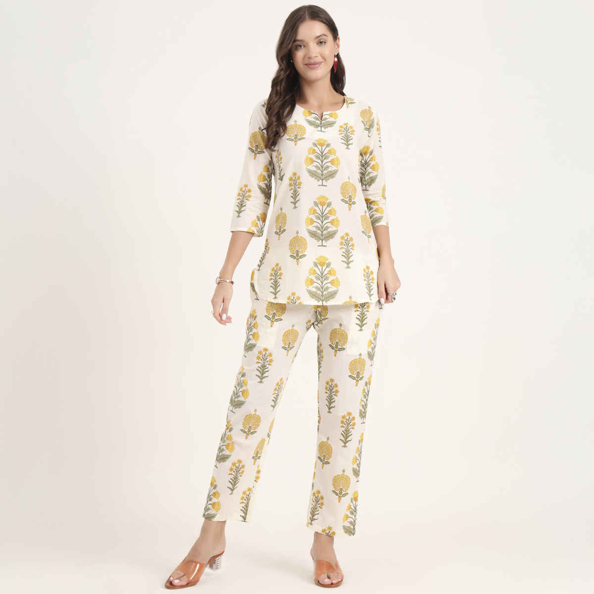 Divena Women's Cotton Floral Printed Night Suits | DK0288 | Cream - XL