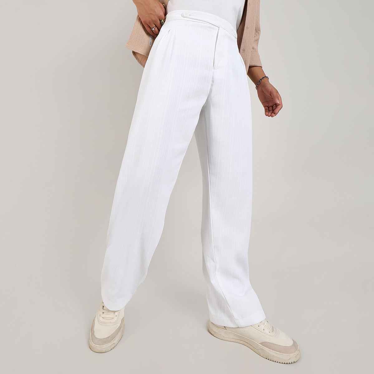 Campus Sutra Men's Tailored Linen-Blend Trousers | White - 36