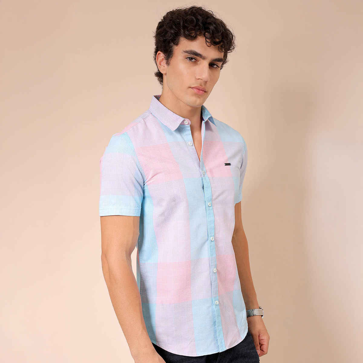 The Indian Garage Co Men's Slim Fit Checked Casual Shirt | Blue & Pink - XL