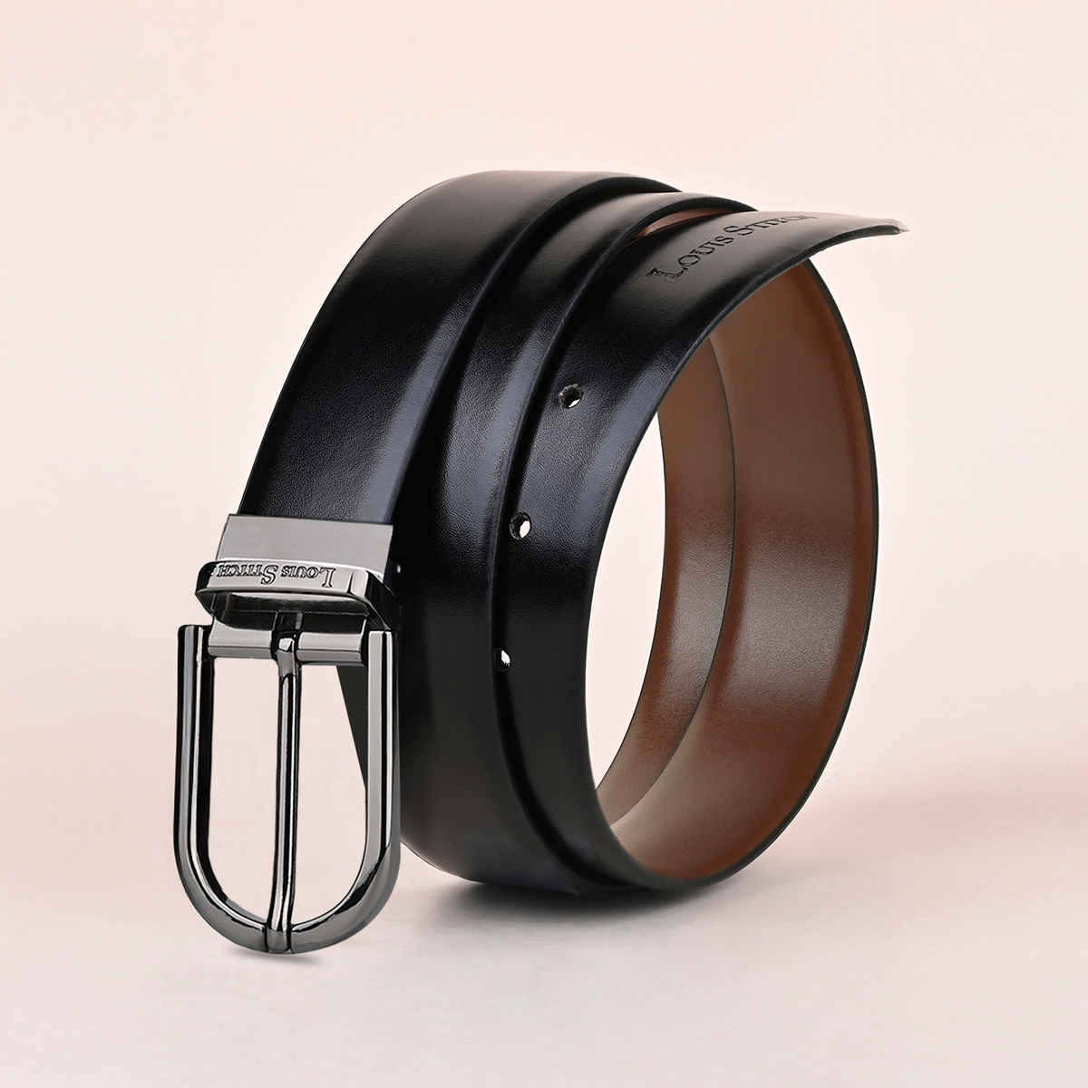 Louis Stitch Men's Solid Genuine Leather Reversible Belt | Black and Brown - 44 Inches