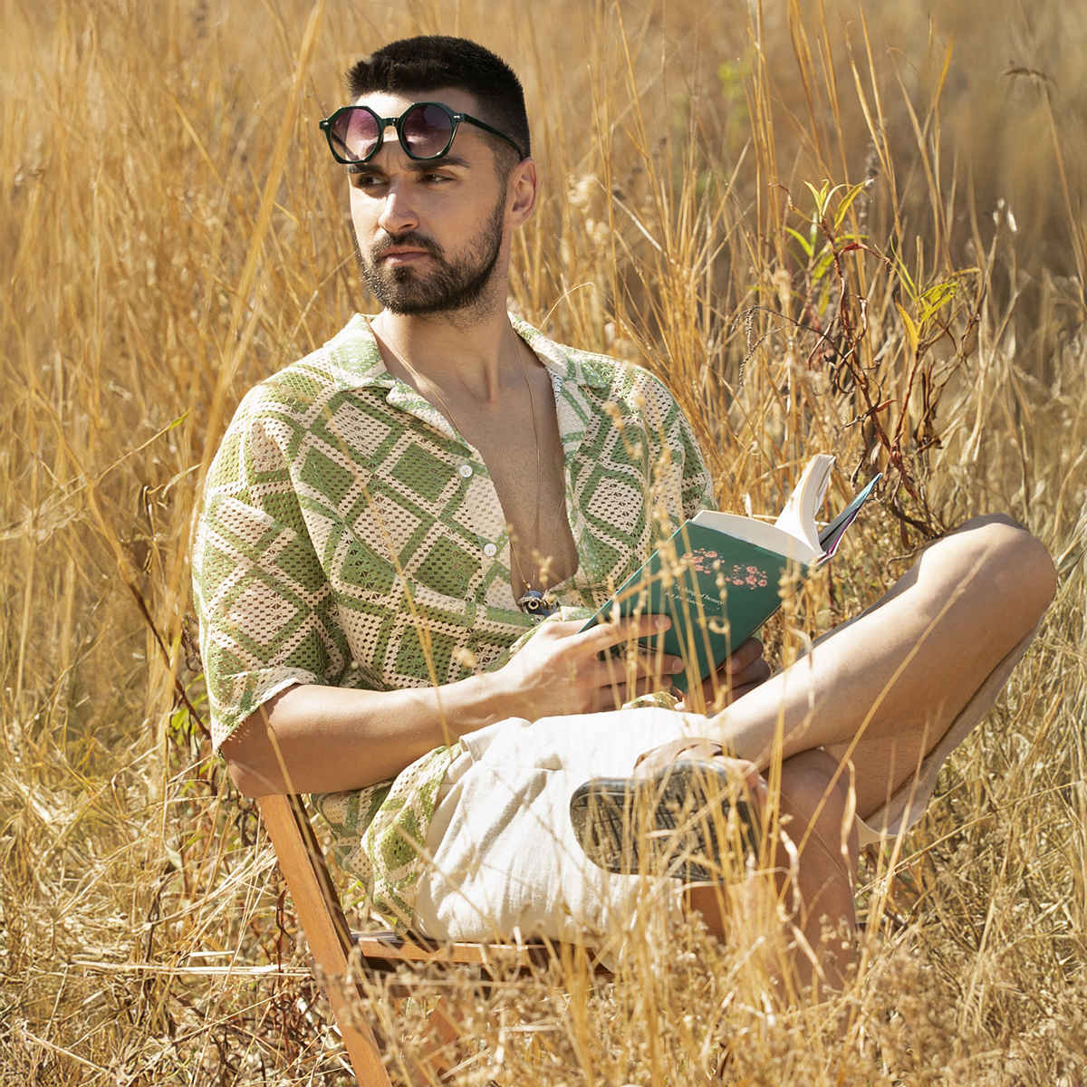 Campus Sutra Men's Geometric Block Oversized Shirt | Grass Green & Pale Yellow - L