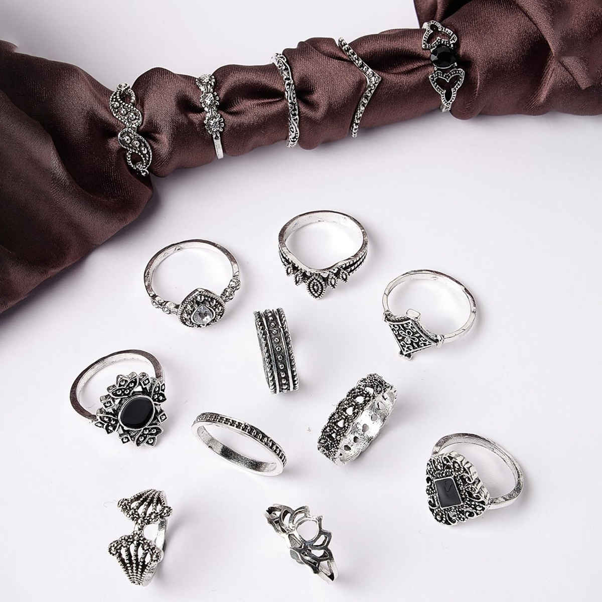 Jewels Galaxy Oxidised Silver Plated 15 Pcs Stackable Ring Set