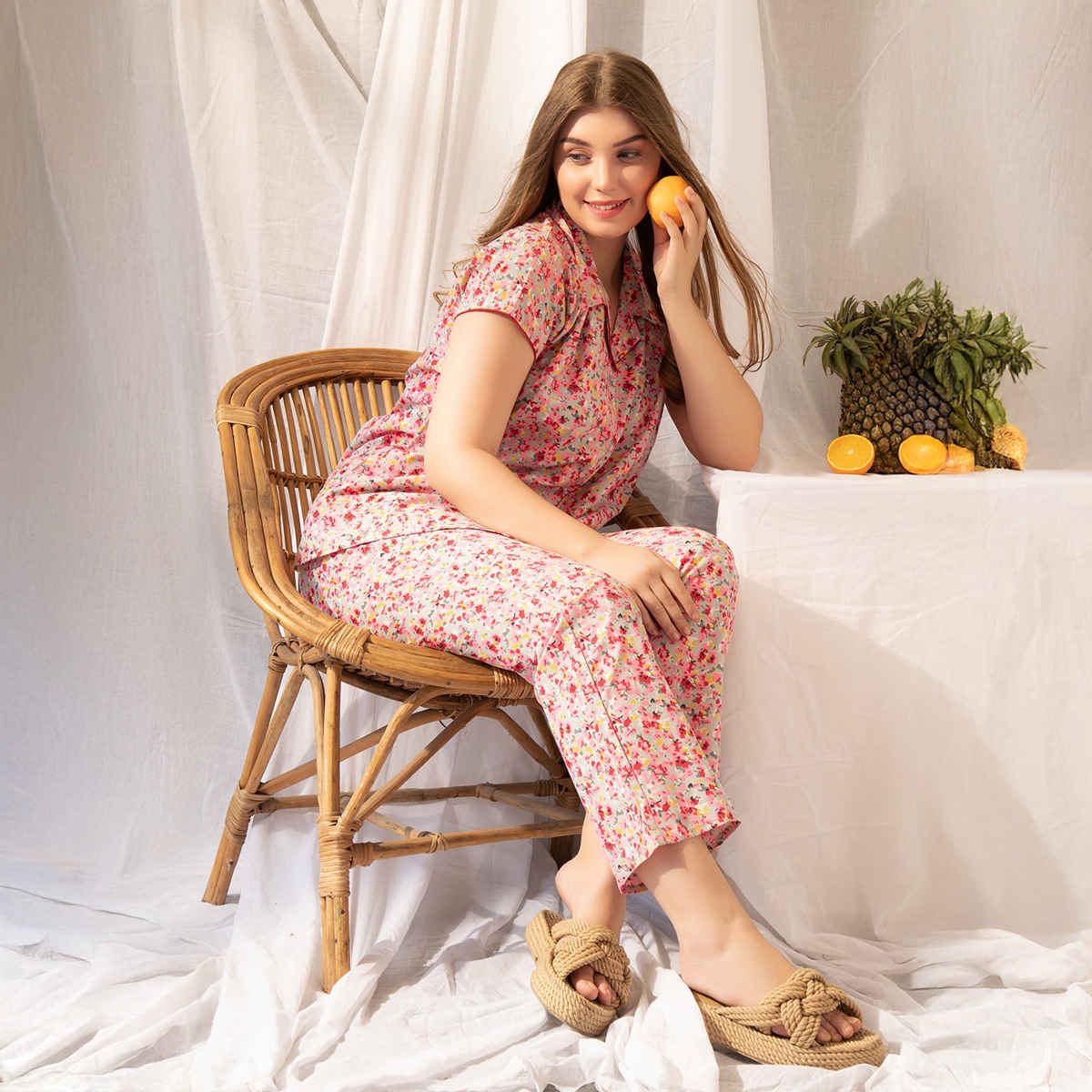 Clovia Print Me Pretty Button Down Shirt & Pyjama Set - Cotton Rich | Pink | L