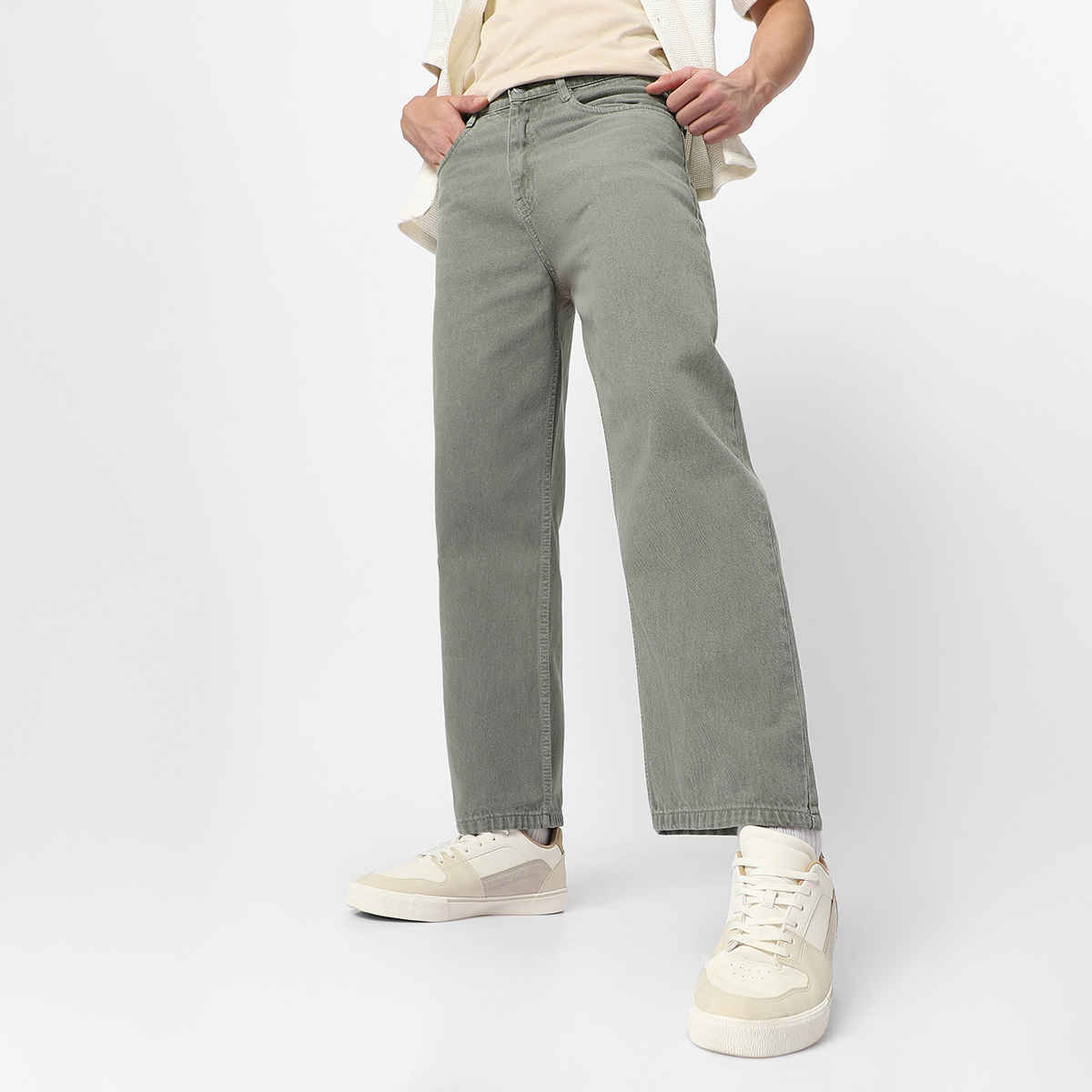 Urbano Fashion Men's Olive Green Loose Baggy Fit Washed Jeans Non-Stretchable-28