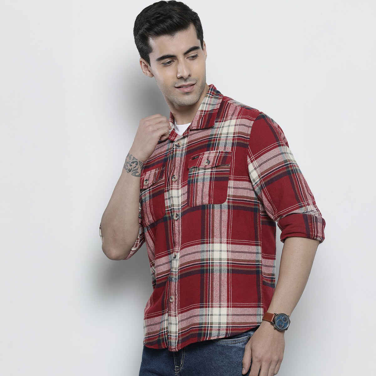 The Indian Garage Co Men's Regular Fit Checkered Casual Shirt | Maroon - XL