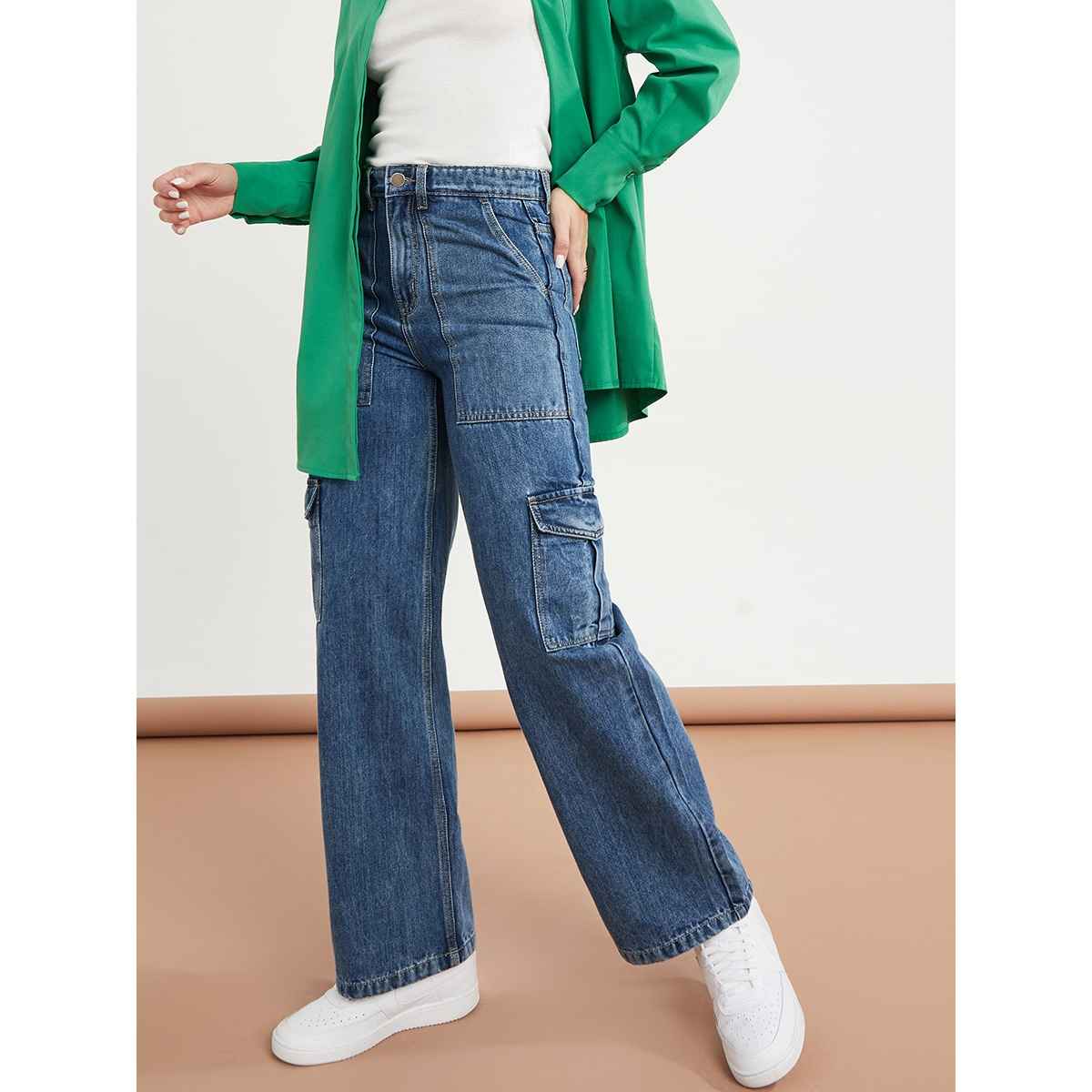 Styli Women's High Rise Wide Leg Jeans with Cargo Pocket | Blue - 26