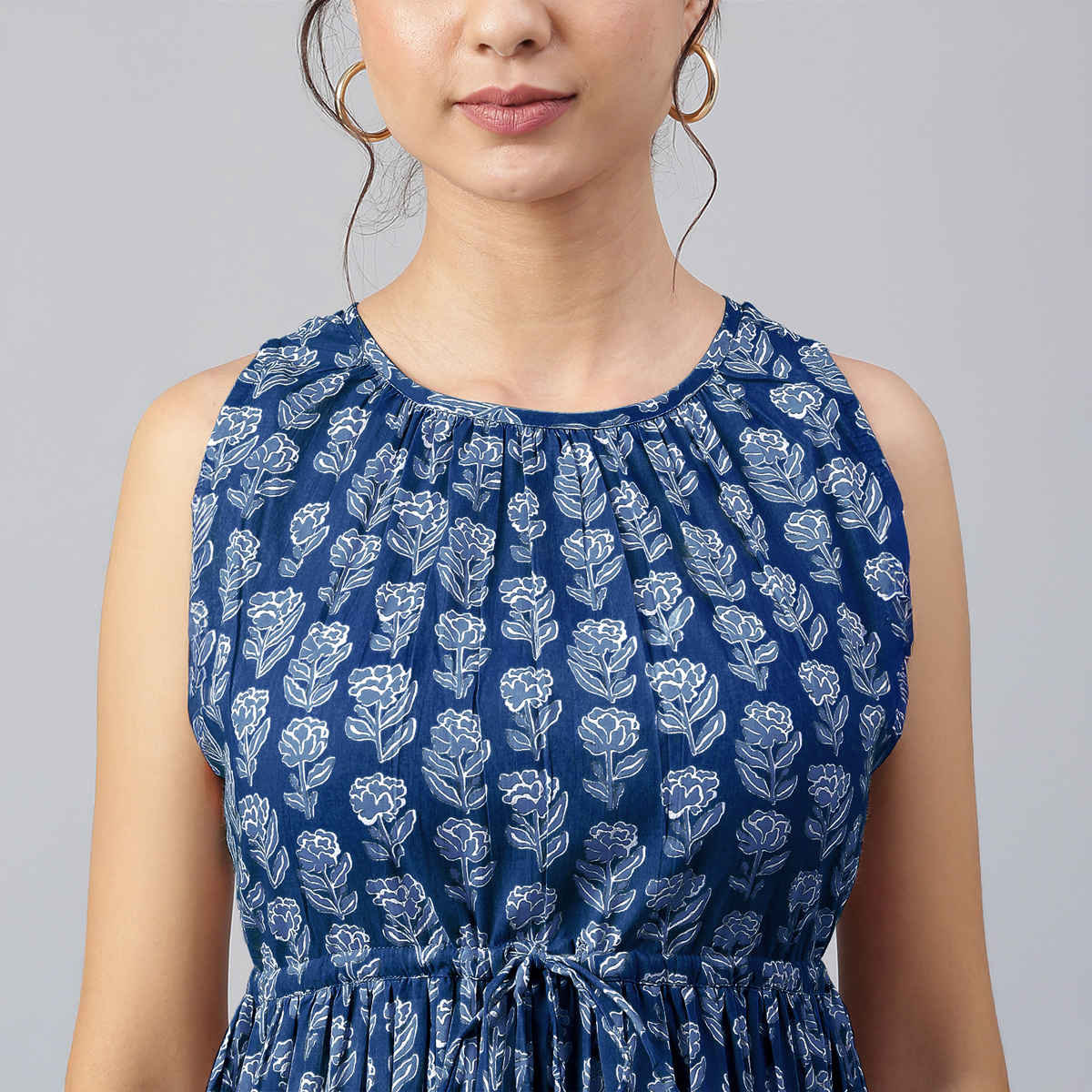 Janasya Women's Pure Cotton Floral Printed Tiered Dress | JAC24DR01521 | Indigo - M
