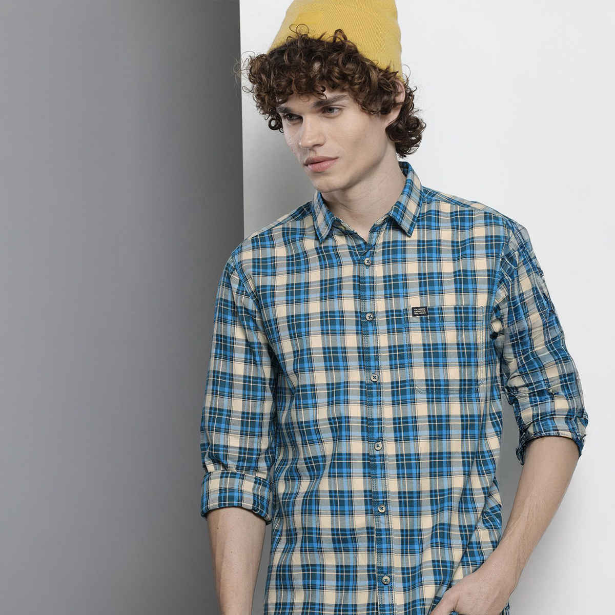 The Indian Garage Co Men's Slim Fit Checkered Casual Shirt | Blue - 2XL
